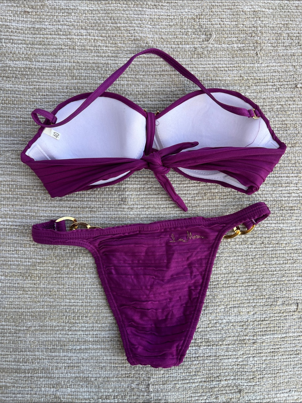 Lua Morena Purple Ribbed Bandeau Bikini Set with Gold Brass Ring Accents -Small - Picture 2 of 11